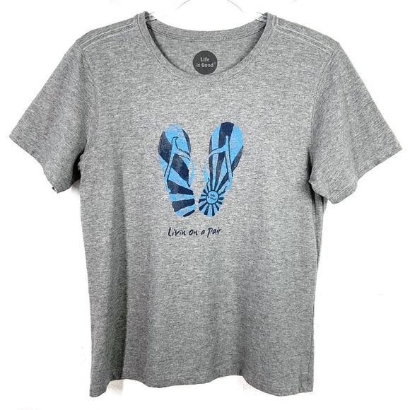 Life Is Good Heathered Gray Flip Flop Graphic Short Sleeve T-Shirt Medium - Picture 1 of 5
